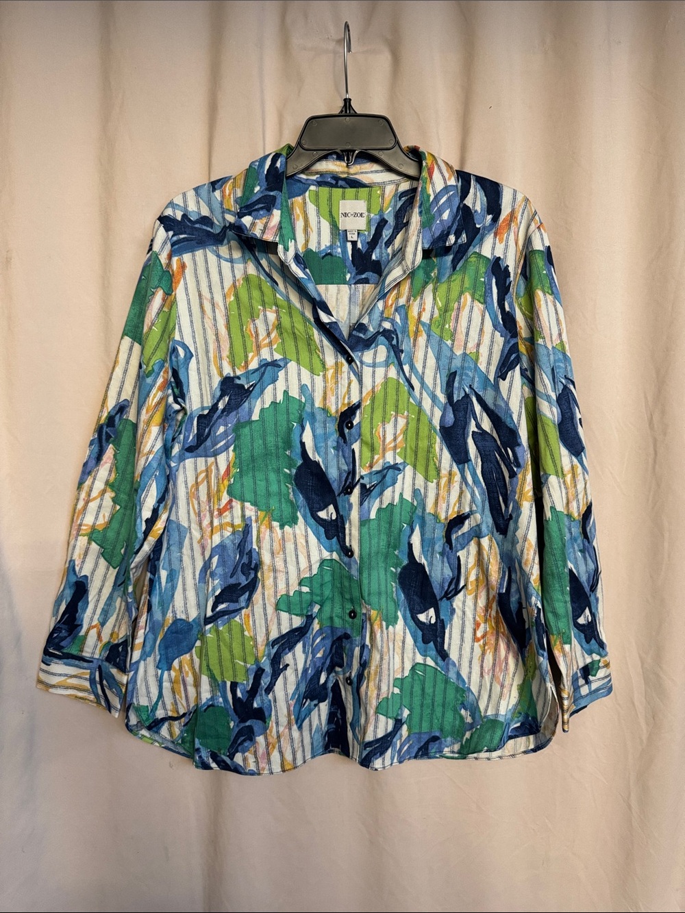 NIC+ZOE Scribble Vines Button-Down Shirt, Size L, Color Green-Multi